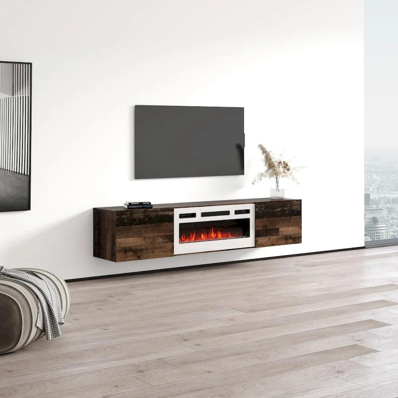 Meuble TV mural flottant avec foyer électrique, fini mat