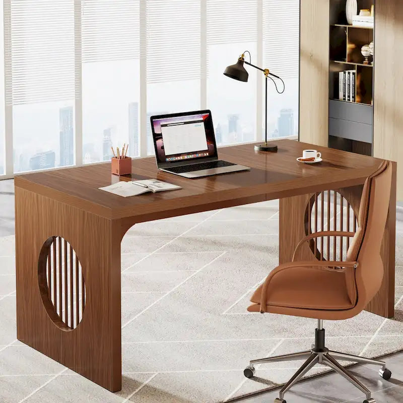 Bureau d'écriture en bois marron industriel rectangulaire robuste pour bureau à domicile