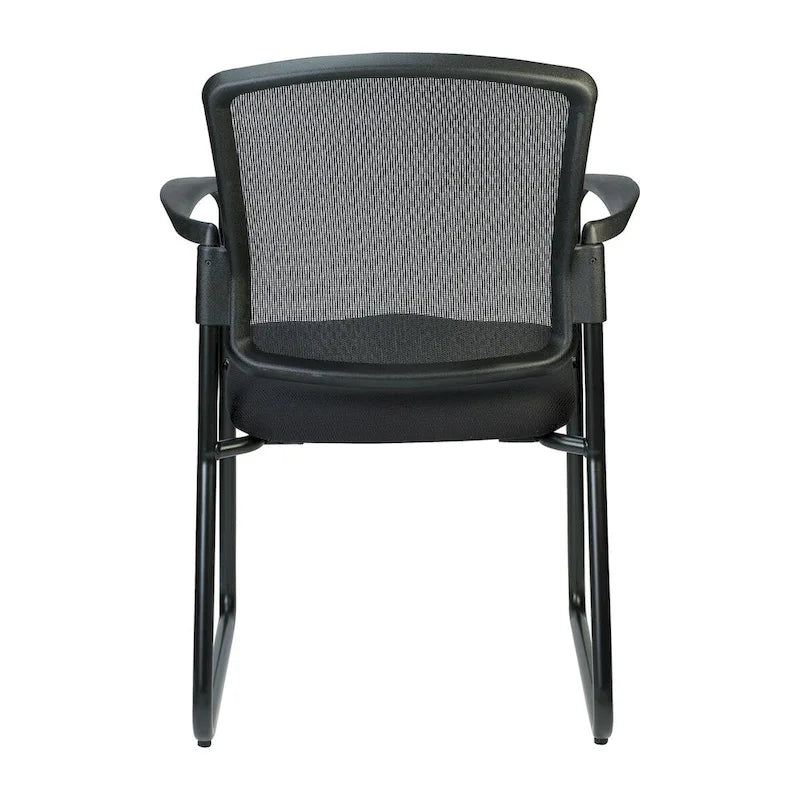 Chaise visiteur noire en maille à dossier avec assise rembourrée, piètement luge et accoudoirs