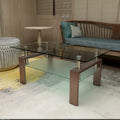 Table basse à deux plateaux en verre trempé avec pieds en bois de noyer, table centrale transparente moderne pour salon