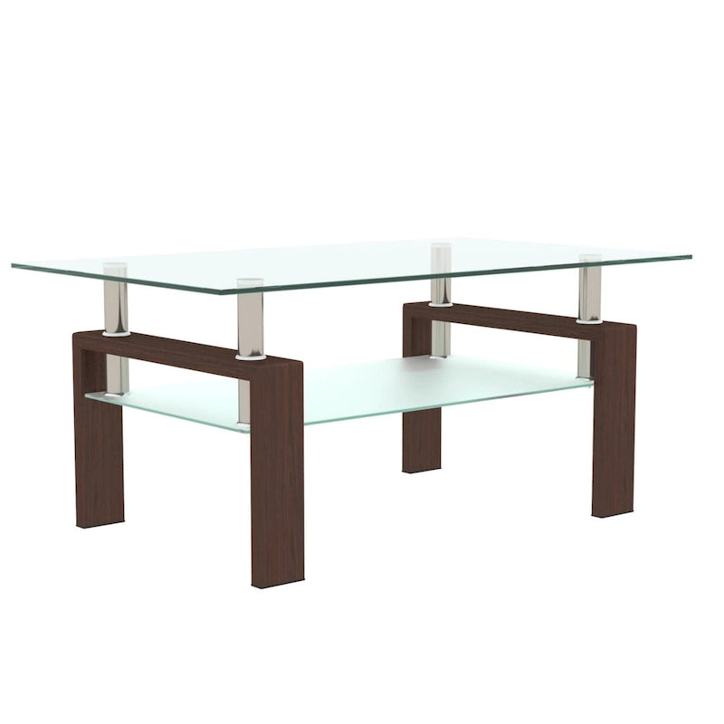 Table basse à deux plateaux en verre trempé avec pieds en bois de noyer, table centrale transparente moderne pour salon