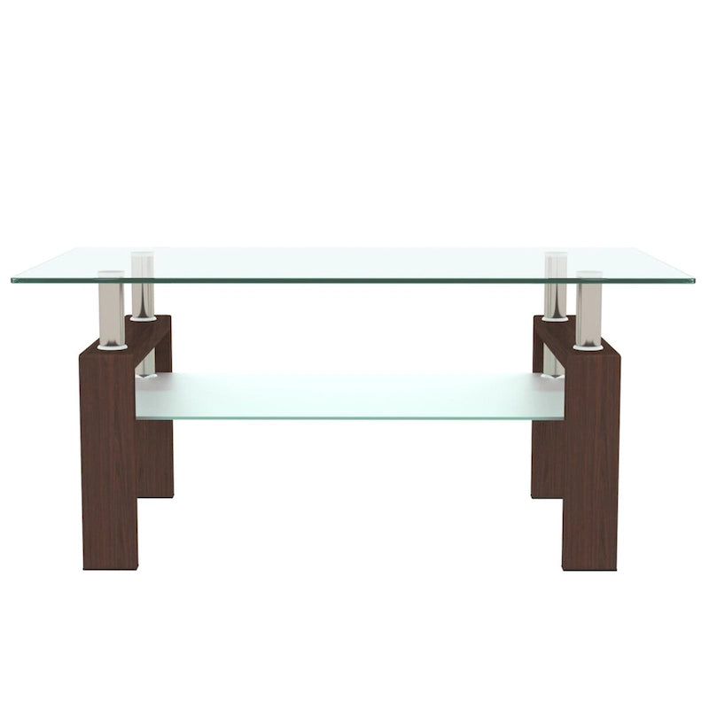 Table basse à deux plateaux en verre trempé avec pieds en bois de noyer, table centrale transparente moderne pour salon