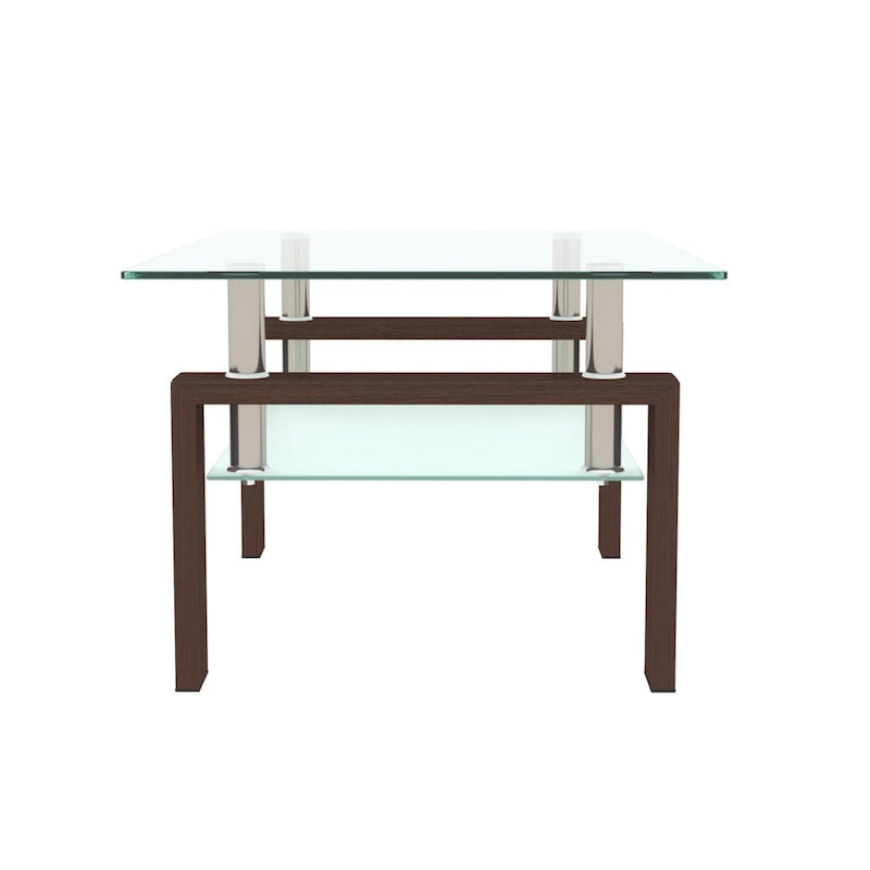 Table basse à deux plateaux en verre trempé avec pieds en bois de noyer, table centrale transparente moderne pour salon