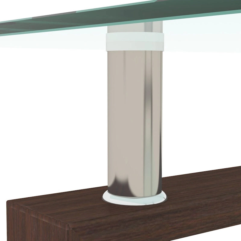 Table basse à deux plateaux en verre trempé avec pieds en bois de noyer, table centrale transparente moderne pour salon