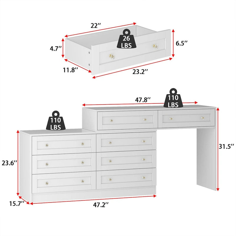 Commode blanche multi-tiroirs avec poignées en cristal et plateau-coiffeuse