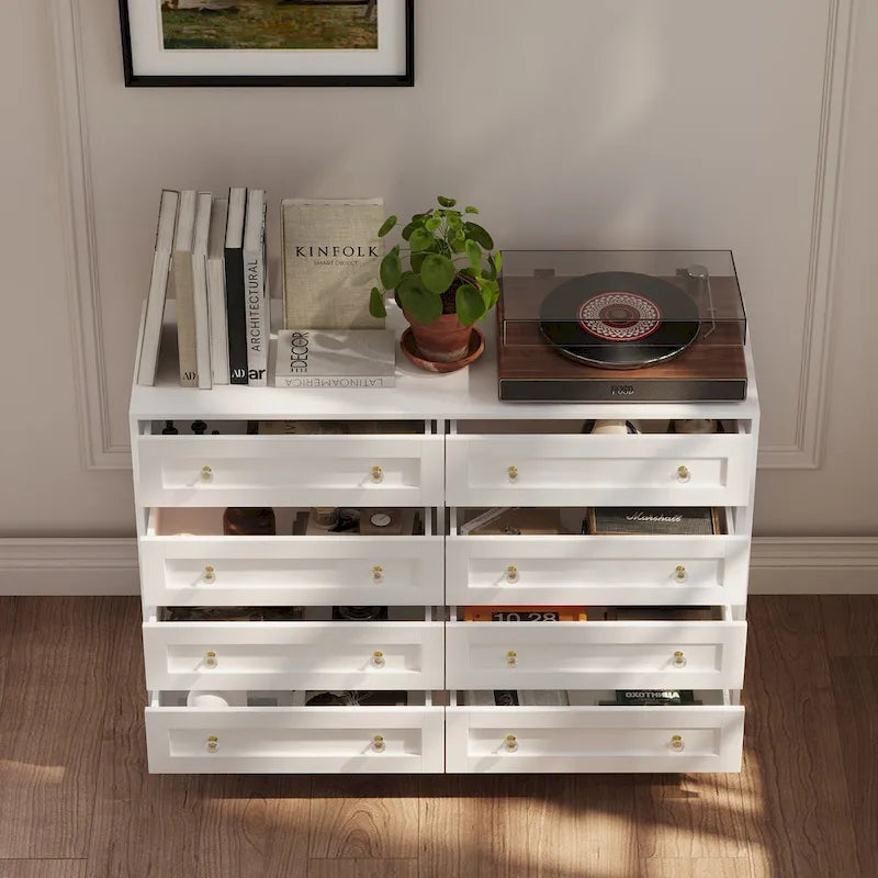 Commode blanche multi-tiroirs avec poignées en cristal et plateau-coiffeuse