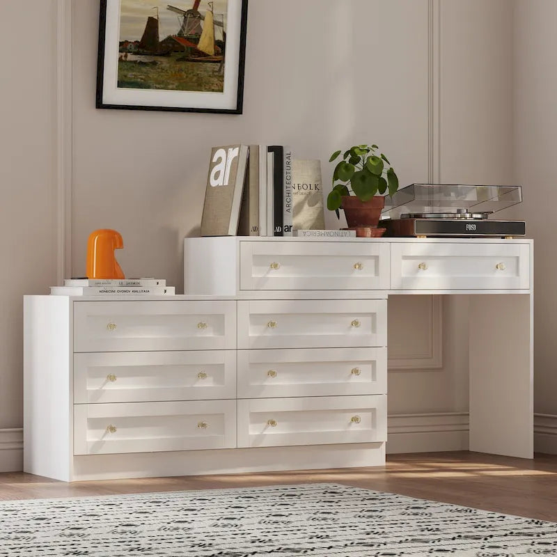 Commode blanche multi-tiroirs avec poignées en cristal et plateau-coiffeuse