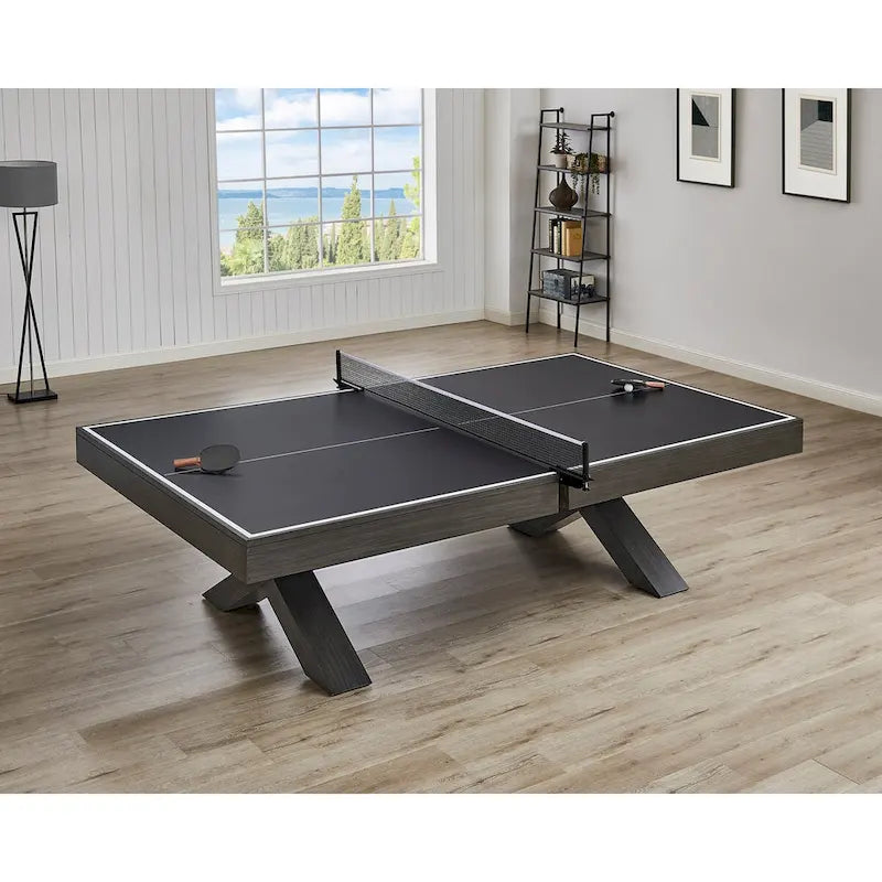 Table de tennis de table d'intérieur avec plateau noir et cadre en X, bois foncé