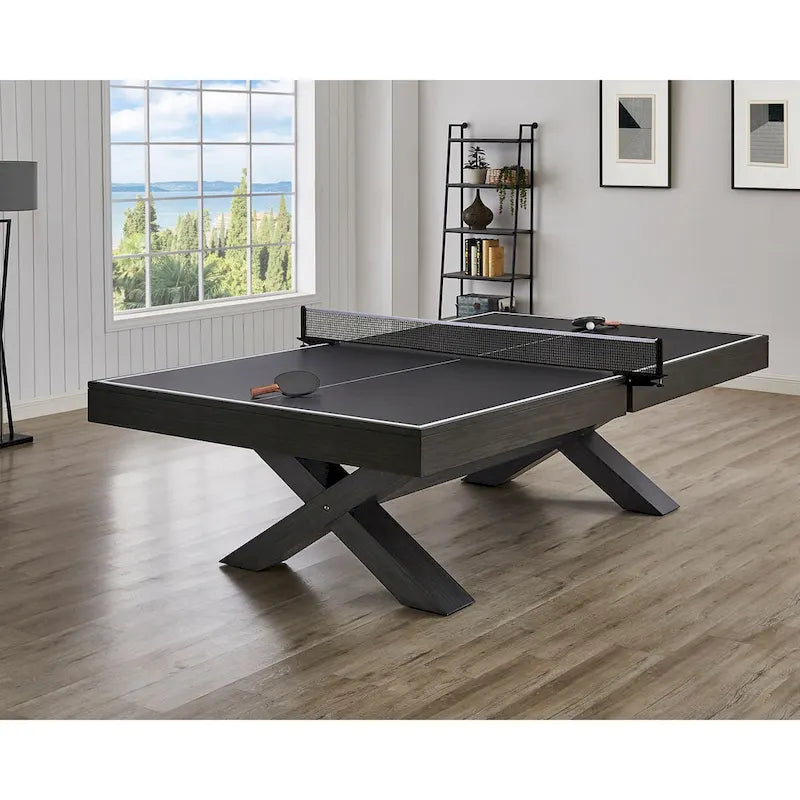 Table de tennis de table d'intérieur avec plateau noir et cadre en X, bois foncé