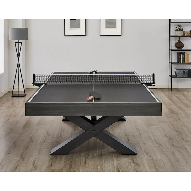Table de tennis de table d'intérieur avec plateau noir et cadre en X, bois foncé