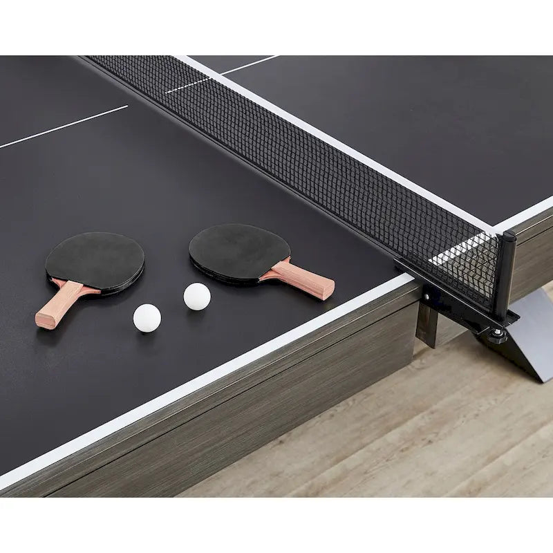 Table de tennis de table d'intérieur avec plateau noir et cadre en X, bois foncé