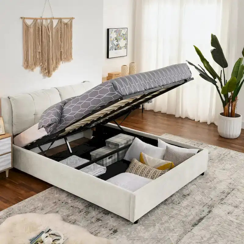 Lit plateforme rembourré Queen avec rangement, tête de lit capitonnée, tissu chenille