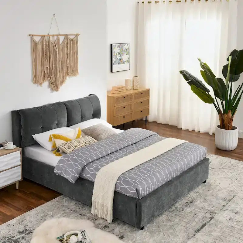 Lit plateforme rembourré Queen avec rangement, tête de lit capitonnée, tissu chenille