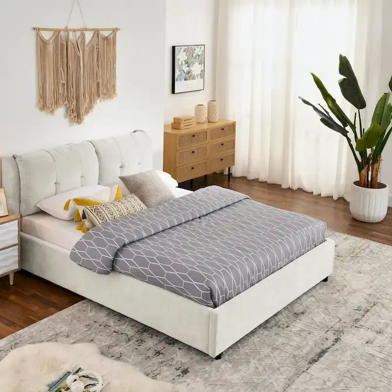 Lit plateforme rembourré Queen avec rangement, tête de lit capitonnée, tissu chenille