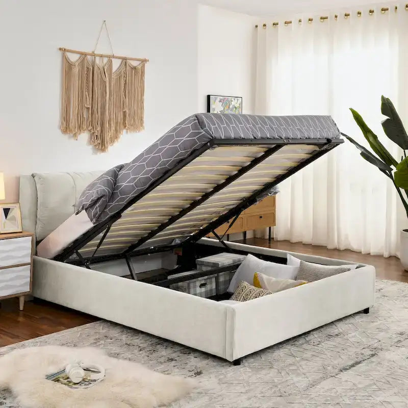 Lit plateforme rembourré Queen avec rangement, tête de lit capitonnée, tissu chenille