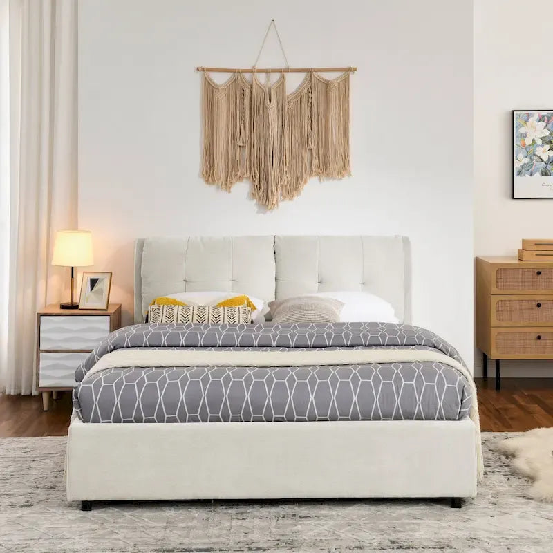 Lit plateforme rembourré Queen avec rangement, tête de lit capitonnée, tissu chenille
