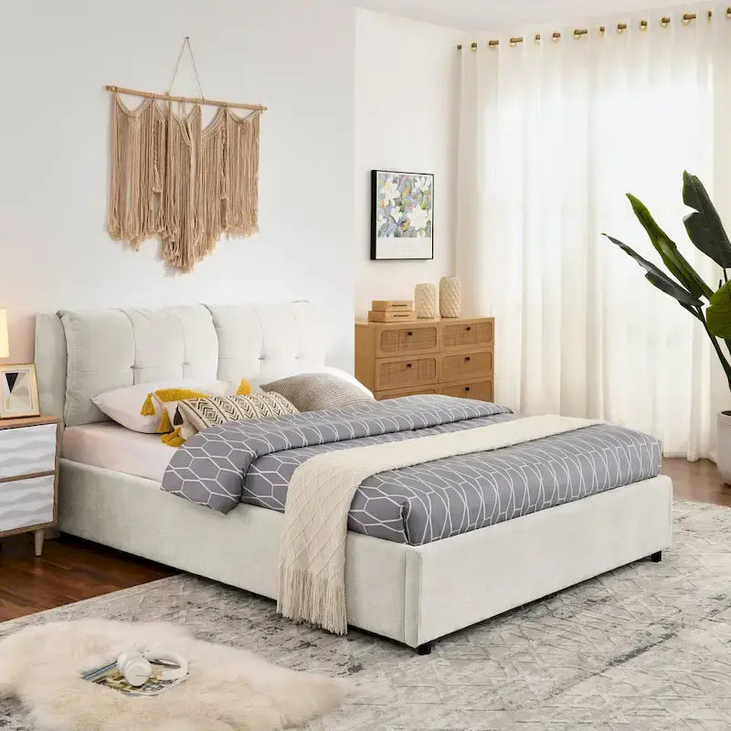 Lit plateforme rembourré Queen avec rangement, tête de lit capitonnée, tissu chenille