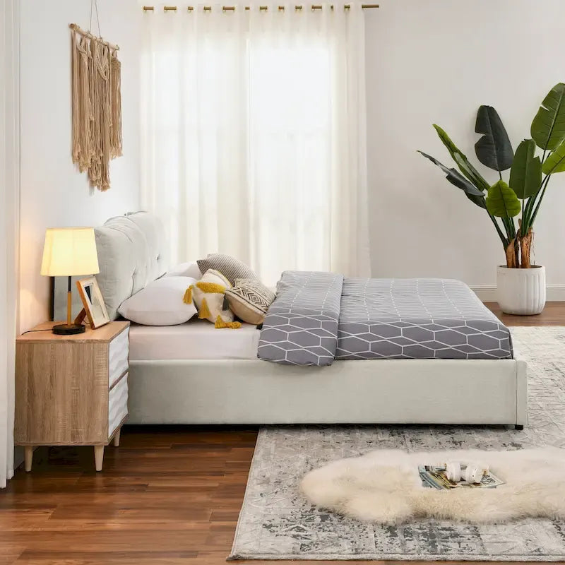 Lit plateforme rembourré Queen avec rangement, tête de lit capitonnée, tissu chenille
