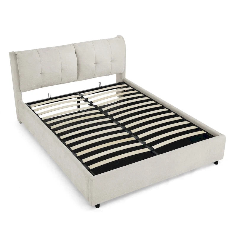 Lit plateforme rembourré Queen avec rangement, tête de lit capitonnée, tissu chenille