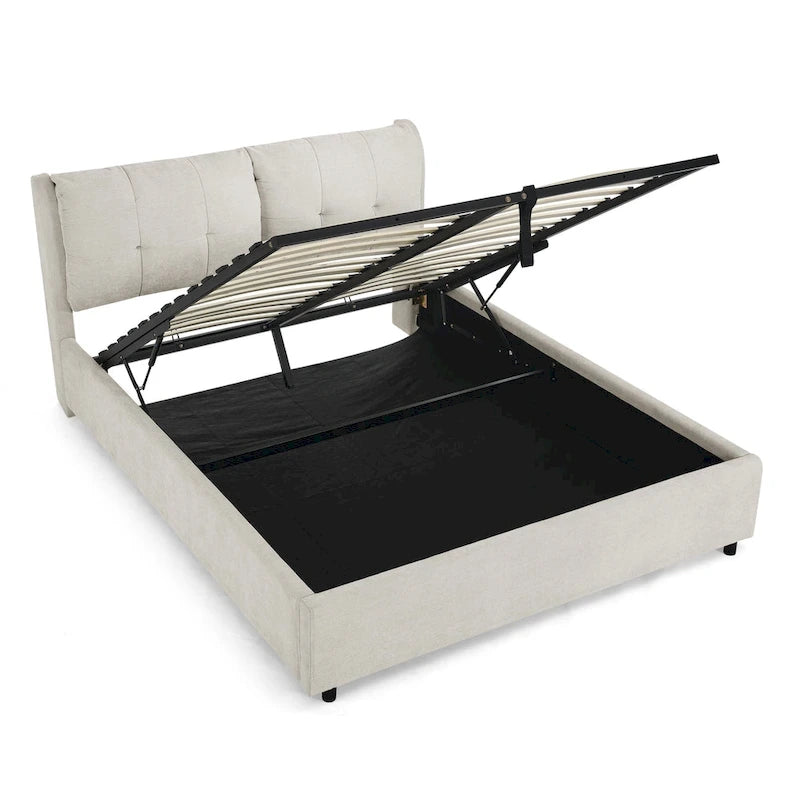 Lit plateforme rembourré Queen avec rangement, tête de lit capitonnée, tissu chenille