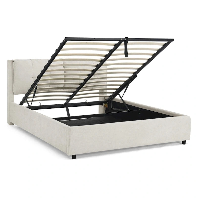 Lit plateforme rembourré Queen avec rangement, tête de lit capitonnée, tissu chenille