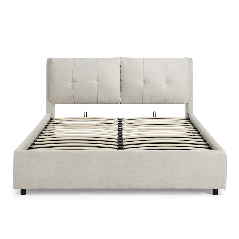 Lit plateforme rembourré Queen avec rangement, tête de lit capitonnée, tissu chenille