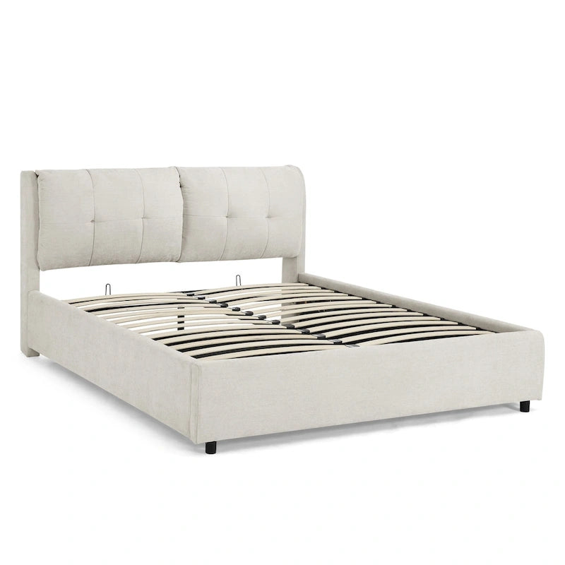 Lit plateforme rembourré Queen avec rangement, tête de lit capitonnée, tissu chenille