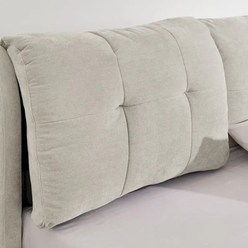 Lit plateforme rembourré Queen avec rangement, tête de lit capitonnée, tissu chenille