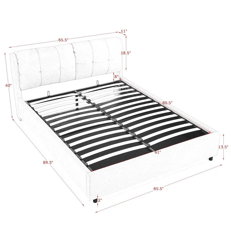 Lit plateforme rembourré Queen avec rangement, tête de lit capitonnée, tissu chenille