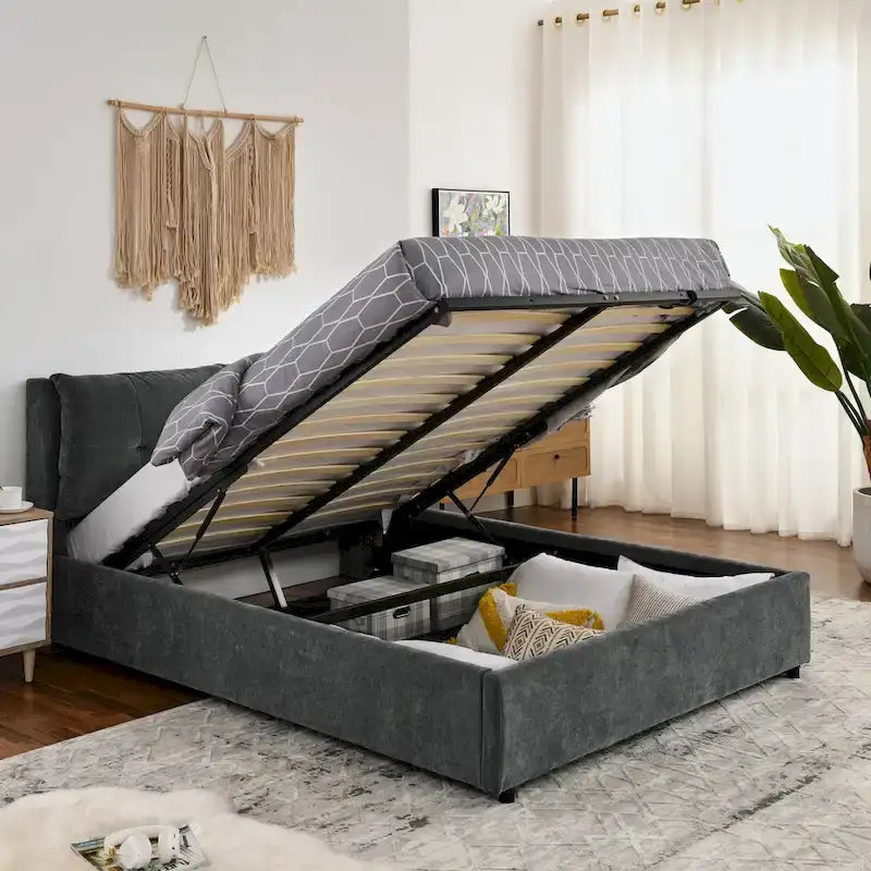 Lit plateforme rembourré Queen avec rangement, tête de lit capitonnée, tissu chenille