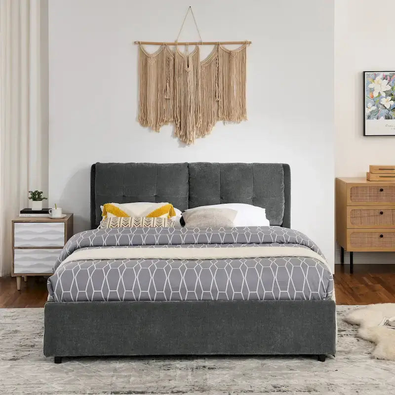 Lit plateforme rembourré Queen avec rangement, tête de lit capitonnée, tissu chenille