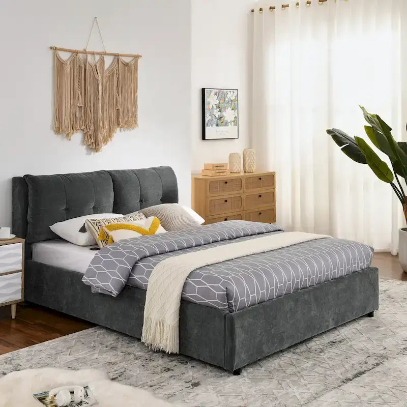 Lit plateforme rembourré Queen avec rangement, tête de lit capitonnée, tissu chenille
