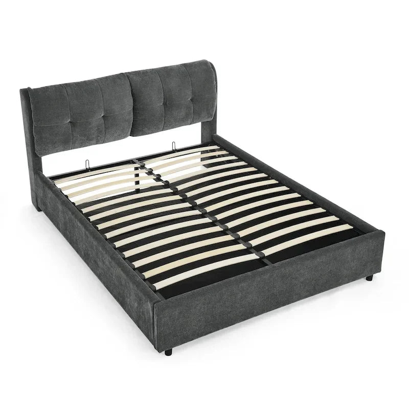 Lit plateforme rembourré Queen avec rangement, tête de lit capitonnée, tissu chenille