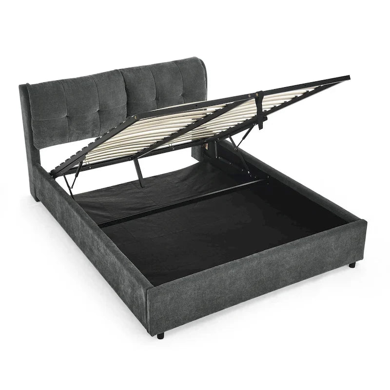 Lit plateforme rembourré Queen avec rangement, tête de lit capitonnée, tissu chenille