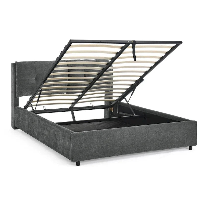 Lit plateforme rembourré Queen avec rangement, tête de lit capitonnée, tissu chenille