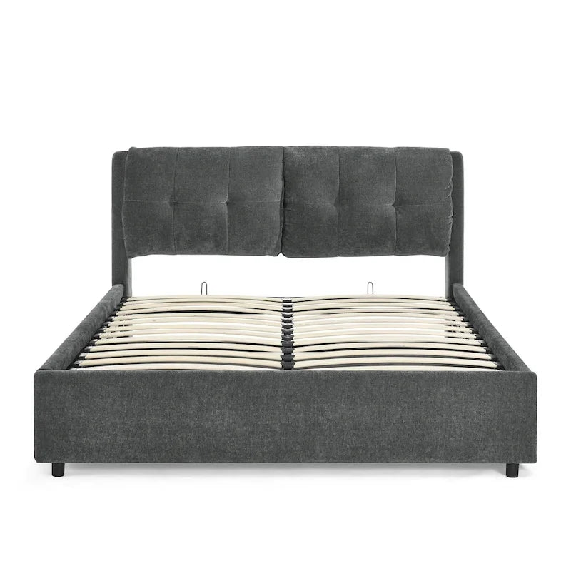 Lit plateforme rembourré Queen avec rangement, tête de lit capitonnée, tissu chenille
