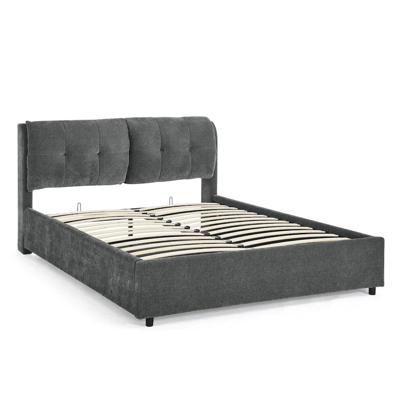 Lit plateforme rembourré Queen avec rangement, tête de lit capitonnée, tissu chenille