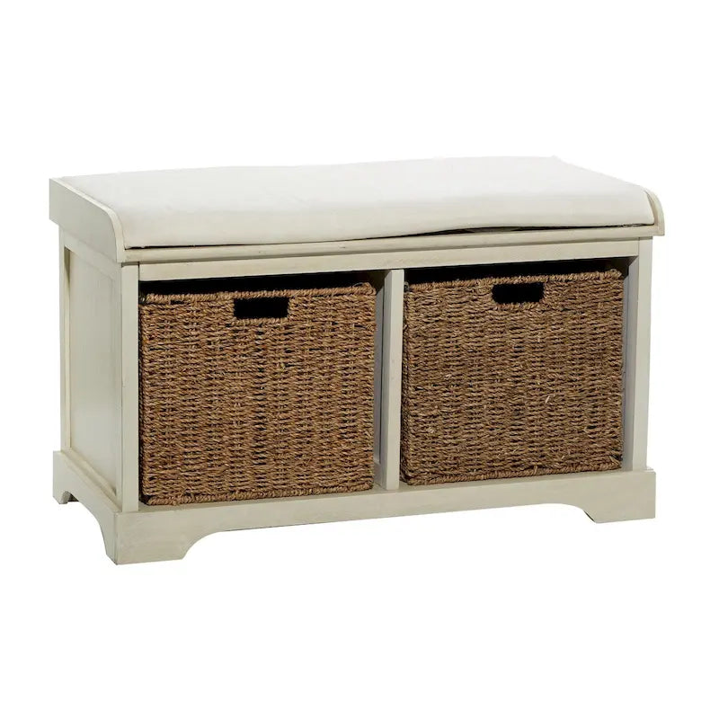 Banc de rangement en pin blanc avec paniers en jonc de mer et assise coussinée