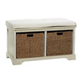 Banc de rangement en pin blanc avec paniers en jonc de mer et assise coussinée