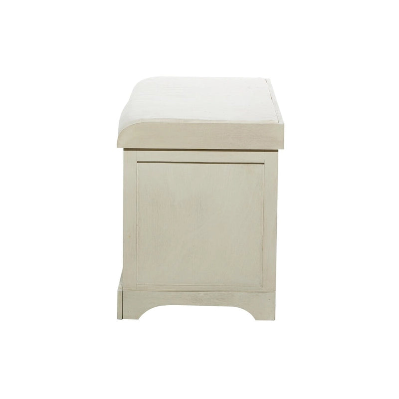 Banc de rangement en pin blanc avec paniers en jonc de mer et assise coussinée