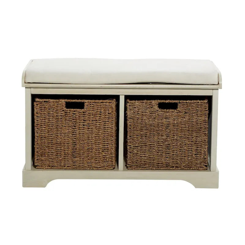 Banc de rangement en pin blanc avec paniers en jonc de mer et assise coussinée