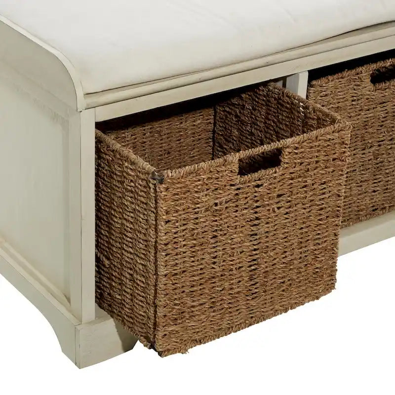 Banc de rangement en pin blanc avec paniers en jonc de mer et assise coussinée