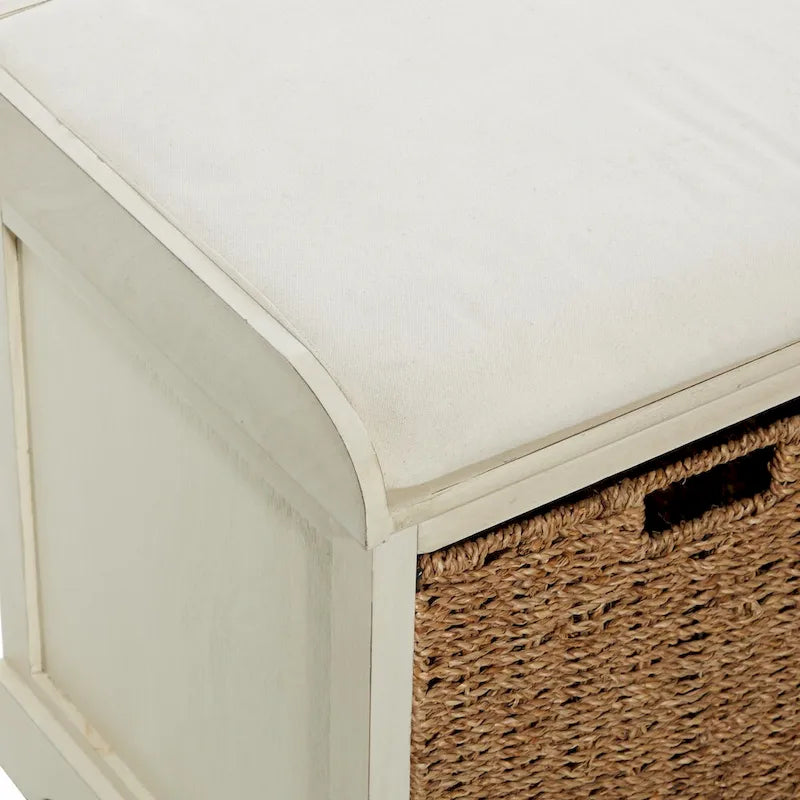 Banc de rangement en pin blanc avec paniers en jonc de mer et assise coussinée