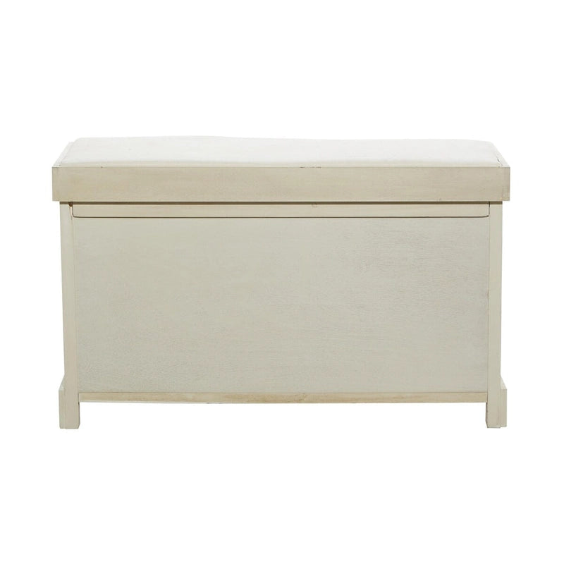 Banc de rangement en pin blanc avec paniers en jonc de mer et assise coussinée