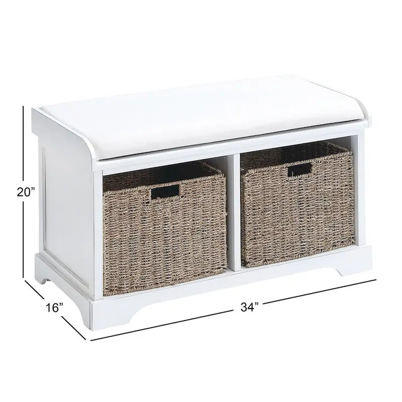 Banc de rangement en pin blanc avec paniers en jonc de mer et assise coussinée