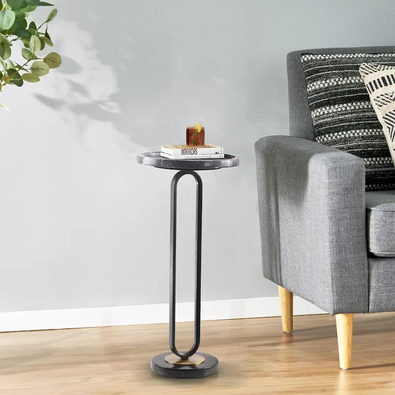 Table d'appoint ou de chevet en marbre gris rond avec pied en métal