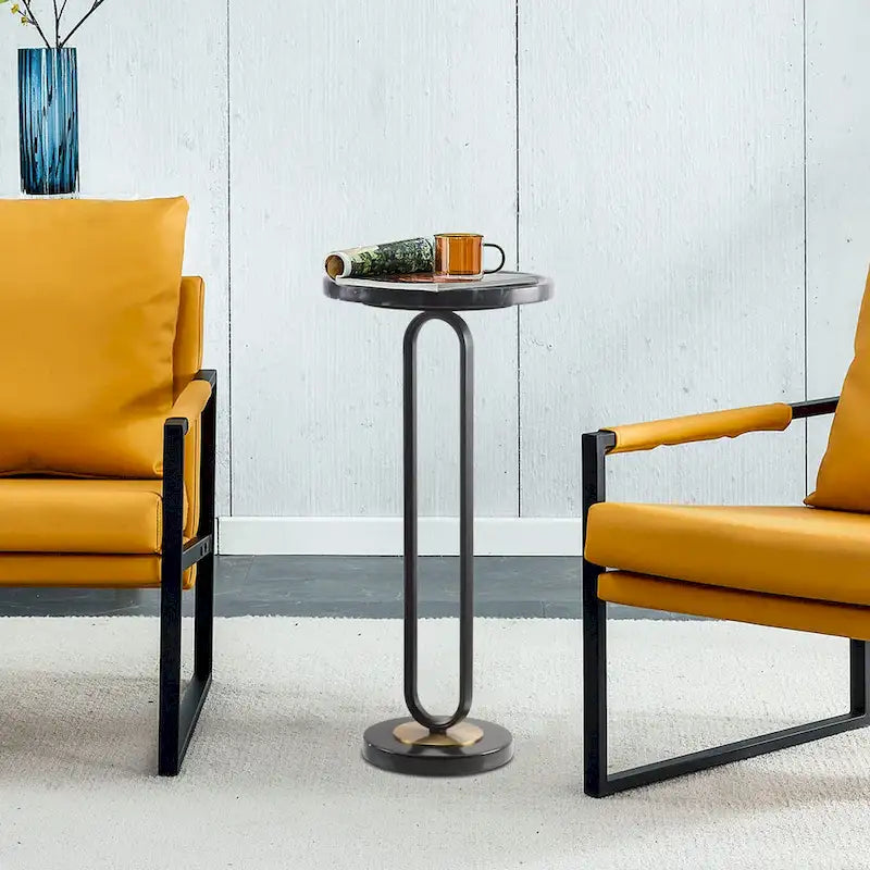 Table d'appoint ou de chevet en marbre gris rond avec pied en métal