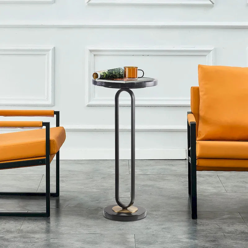 Table d'appoint ou de chevet en marbre gris rond avec pied en métal
