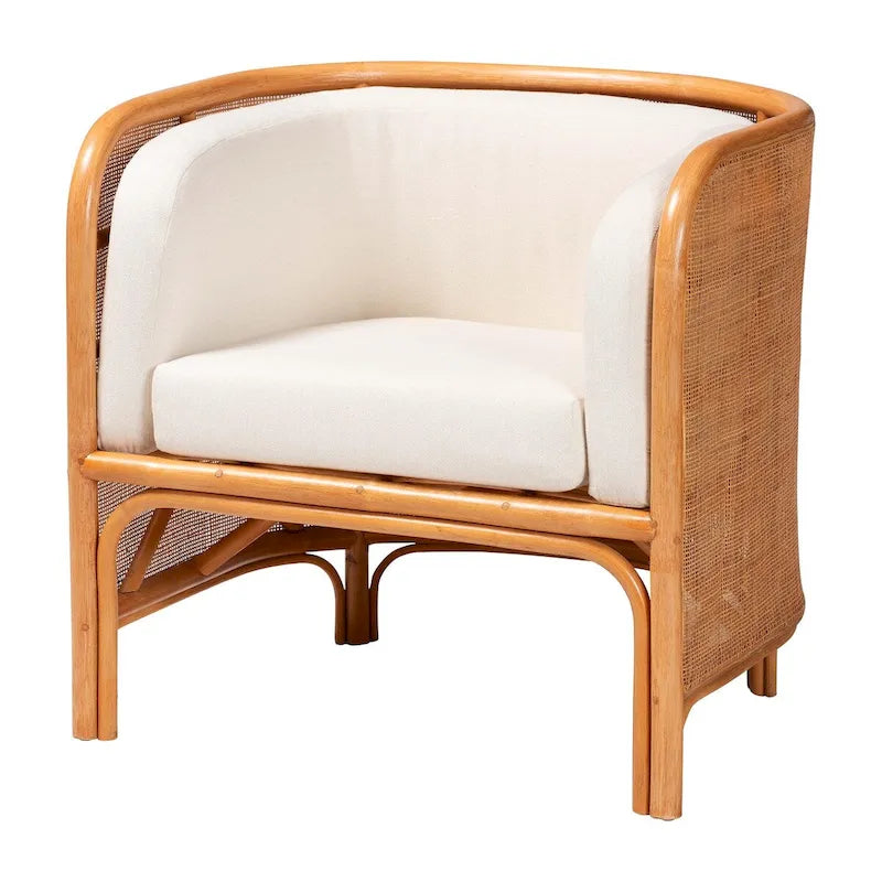 Fauteuil d'appoint bohème en rotin tissé avec coussin crème amovible